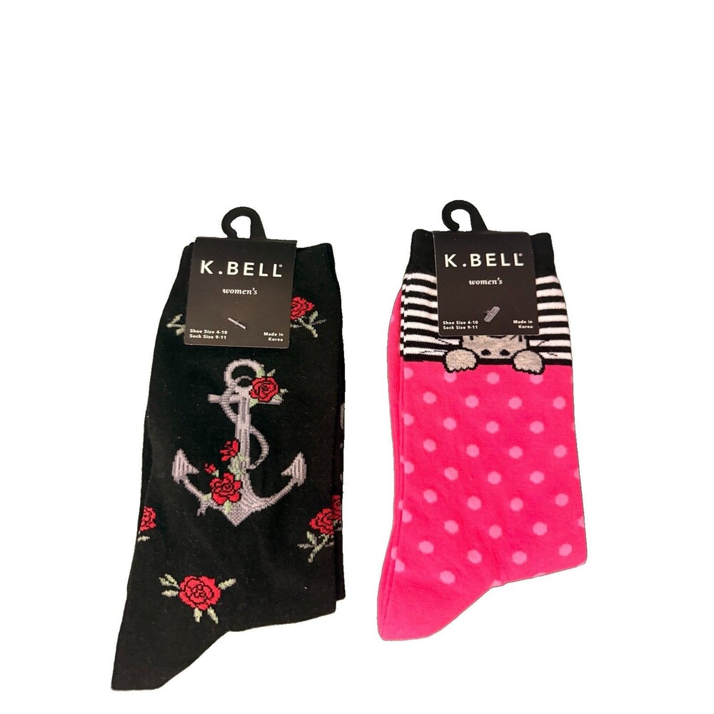 K .Bell Womens Crew Socks 2 Pair Lot Cat Anchor Roses Pink Black Size 4-10 New